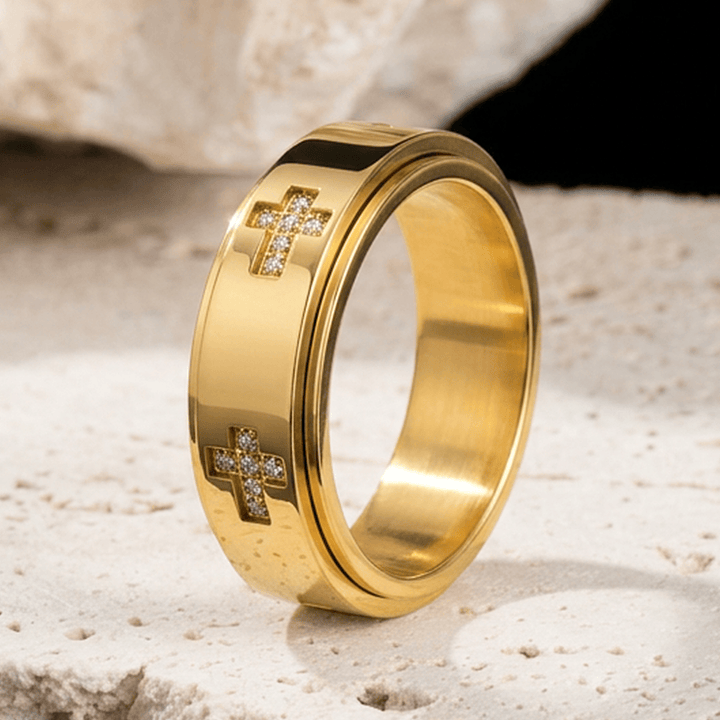 Christianartworkshop Doppellagiger, drehbarer Ring mit Kreuzmotiv zur Linderung von Angstzuständen: Zeitloses Symbol für beständigen himmlischen Schutz - Golden - US 12 - image 3