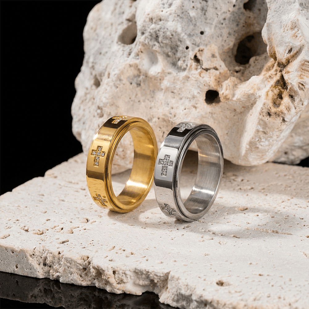 Christianartworkshop Doppellagiger, drehbarer Ring mit Kreuzmotiv zur Linderung von Angstzuständen: Zeitloses Symbol für beständigen himmlischen Schutz - image 1