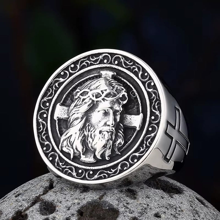 Christianartworkshop Runder Siegelring mit Dornenkrone und Jesus-Schriftrolle: Zeitloses Symbol unerschütterlichen, heiligen Glaubens - Silber - US 13 - image 0