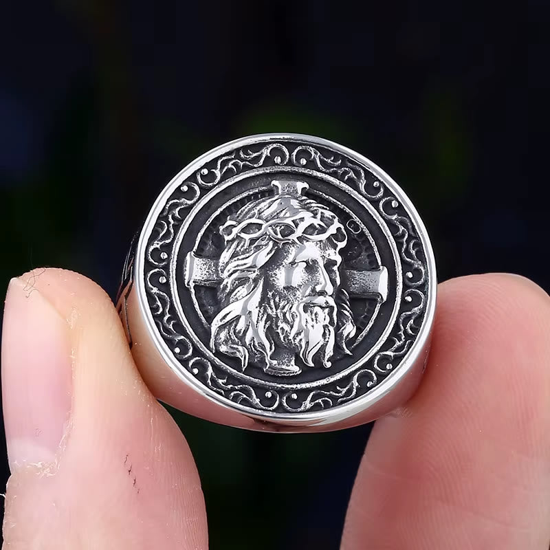 Christianartworkshop Runder Siegelring mit Dornenkrone und Jesus-Schriftrolle: Zeitloses Symbol unerschütterlichen, heiligen Glaubens - image 3