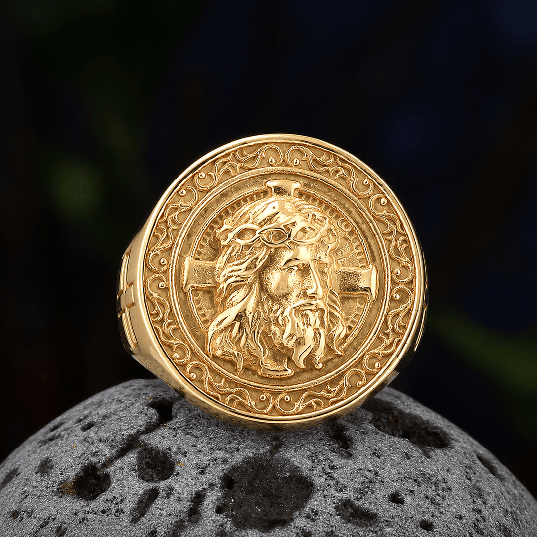 Christianartworkshop Runder Siegelring mit Dornenkrone und Jesus-Schriftrolle: Zeitloses Symbol unerschütterlichen, heiligen Glaubens - Golden - US 13 - image 9