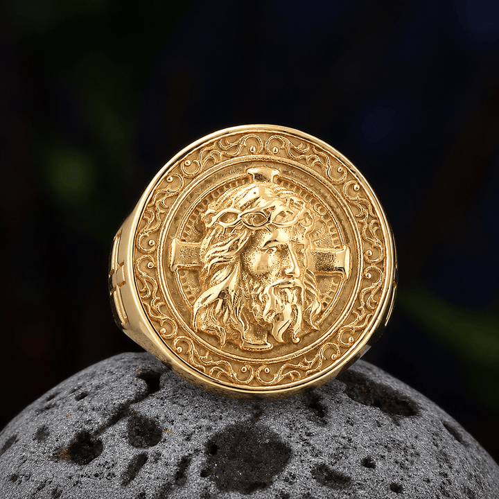 Christianartworkshop Runder Siegelring mit Dornenkrone und Jesus-Schriftrolle: Zeitloses Symbol unerschütterlichen, heiligen Glaubens - Golden - US 13 - image 9
