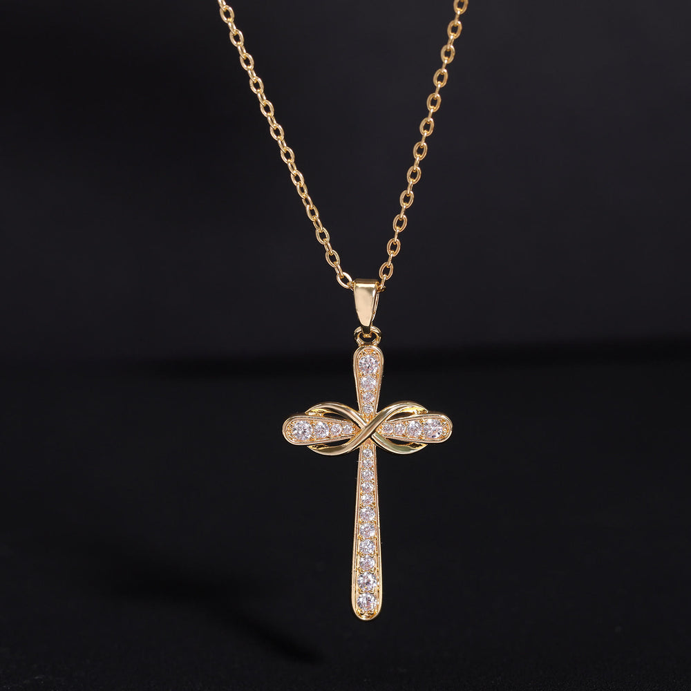 Christianartworkshop Vollständig mit Pavé-Fassung besetzte Kreuzkette mit Unendlichkeitssymbol: Zeitloses Sinnbild sanften himmlischen Friedens - image 1