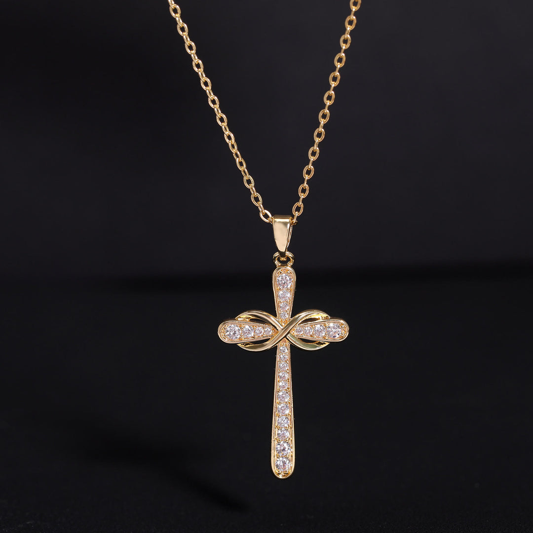Christianartworkshop Vollständig mit Pavé-Fassung besetzte Kreuzkette mit Unendlichkeitssymbol: Zeitloses Sinnbild sanften himmlischen Friedens - image 1