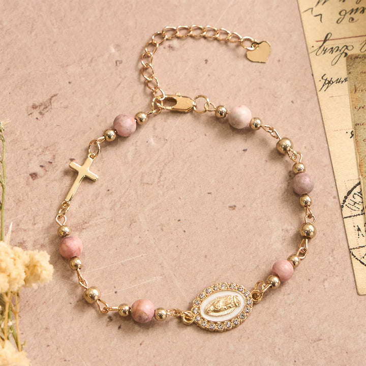 Christianartworkshop Armband mit ovalem Kreuz aus Naturstein und Mariä Himmelsbotschaft, verstellbar: Persönliches Symbol unerschütterlichen Glaubens an den Himmel - Unsere Liebe Frau und Rosa Zebra-Jaspis - image 7
