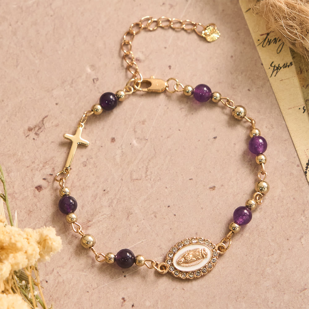 Christianartworkshop Armband mit ovalem Kreuz aus Naturstein und Mariä Himmelsbotschaft, verstellbar: Persönliches Symbol unerschütterlichen Glaubens an den Himmel - Unsere Liebe Frau und Amethyst - image 1