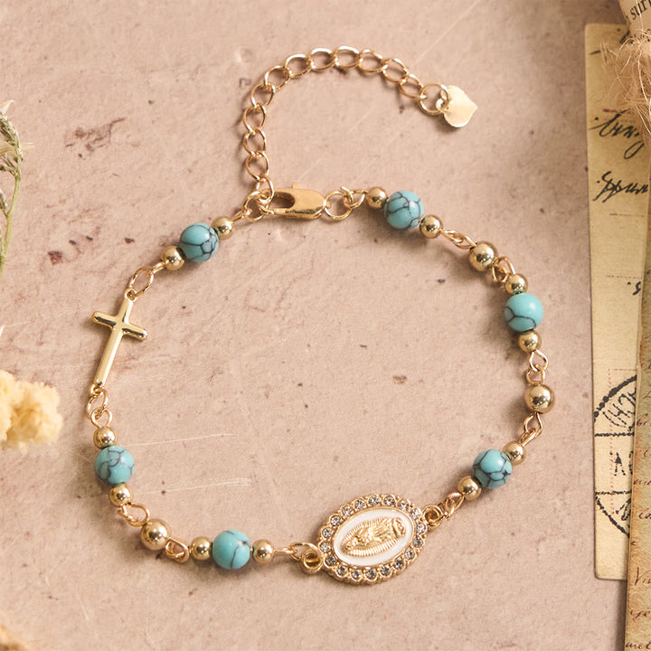 Christianartworkshop Armband mit ovalem Kreuz aus Naturstein und Mariä Himmelsbotschaft, verstellbar: Persönliches Symbol unerschütterlichen Glaubens an den Himmel - Unsere Liebe Frau und blauer Türkis - image 3