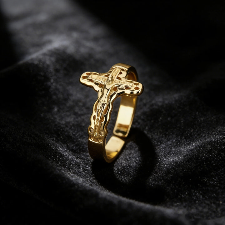 Christianartworkshop Verstellbarer offener Ring mit hohlem Kruzifix: Personalisiertes Symbol unerschütterlichen himmlischen Glaubens - Golden (Geeignet für US-Größen 7-10) - image 0