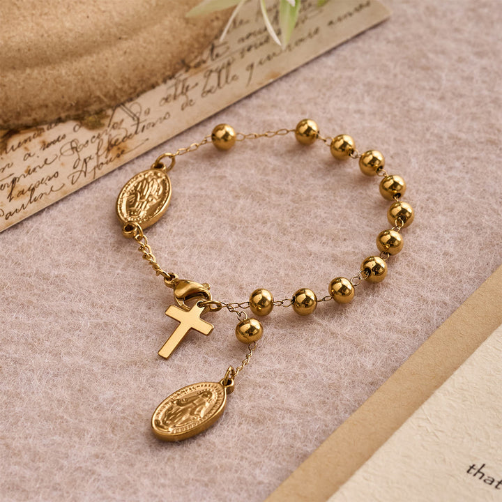 Christianartworkshop Armband mit glatter, runder Perle, Medaille der Jungfrau Maria und baumelndem Kreuz: Persönliches Symbol unerschütterlichen himmlischen Glaubens - image 2