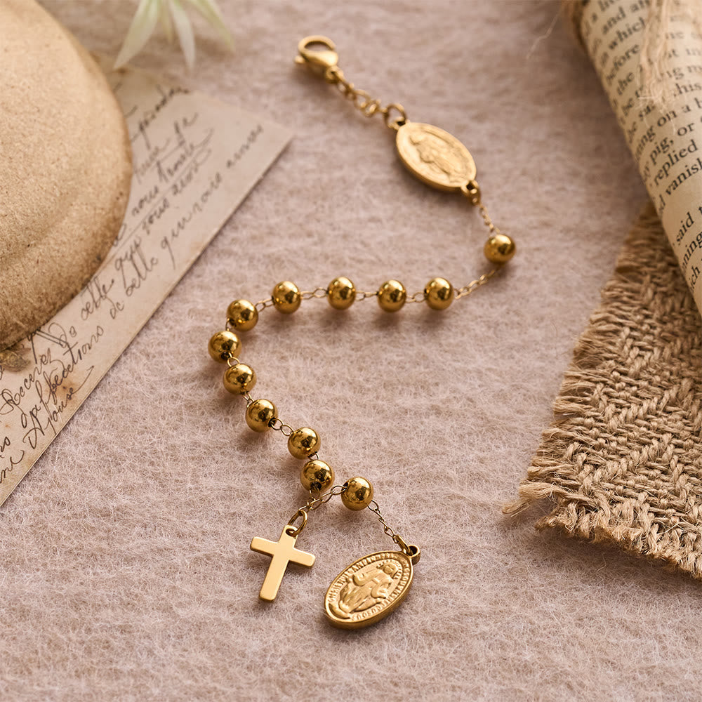 Christianartworkshop Armband mit glatter, runder Perle, Medaille der Jungfrau Maria und baumelndem Kreuz: Persönliches Symbol unerschütterlichen himmlischen Glaubens - image 3