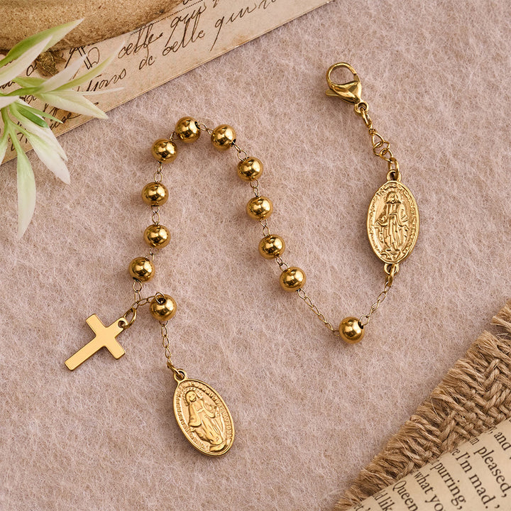 Christianartworkshop Armband mit glatter, runder Perle, Medaille der Jungfrau Maria und baumelndem Kreuz: Persönliches Symbol unerschütterlichen himmlischen Glaubens - image 1