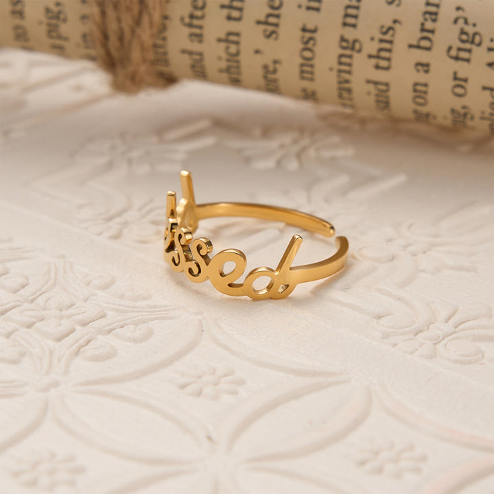 Christianartworkshop Verstellbarer Ring mit geschwungenem „Gesegnetes Wort“: Personalisiertes Symbol unerschütterlichen Glaubens an den Himmel - image 1
