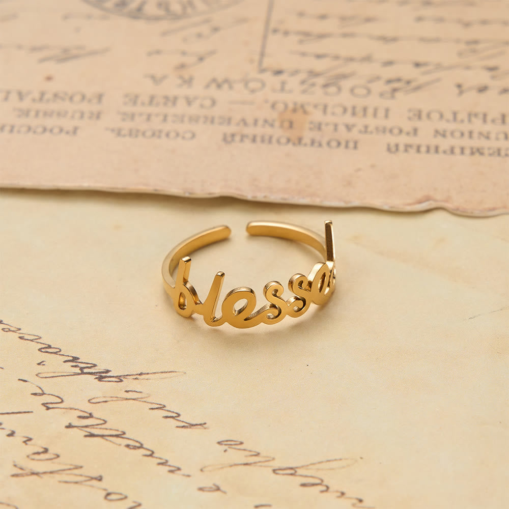 Christianartworkshop Verstellbarer Ring mit geschwungenem „Gesegnetes Wort“: Personalisiertes Symbol unerschütterlichen Glaubens an den Himmel - Golden (Geeignet für US-Größen 6-10) - image 0