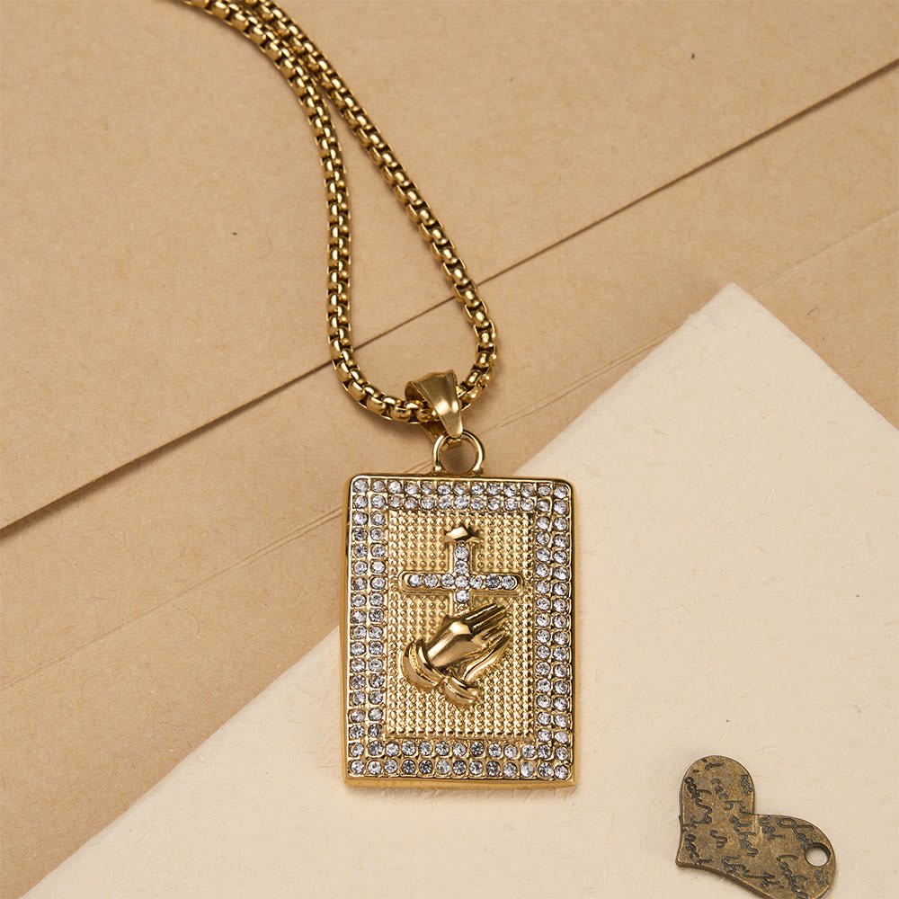 Christianartworkshop Rechteckige Halskette mit Anhänger und Kreuzmotiv betender Hände: Zeitloses Symbol aufrichtigen, frommen Gebets - Golden - image 0