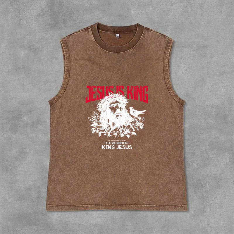 Christianartworkshop Jesus Is King Crown of Thorns Unisex Washed Tank Top - Braun - 2XL - image 6