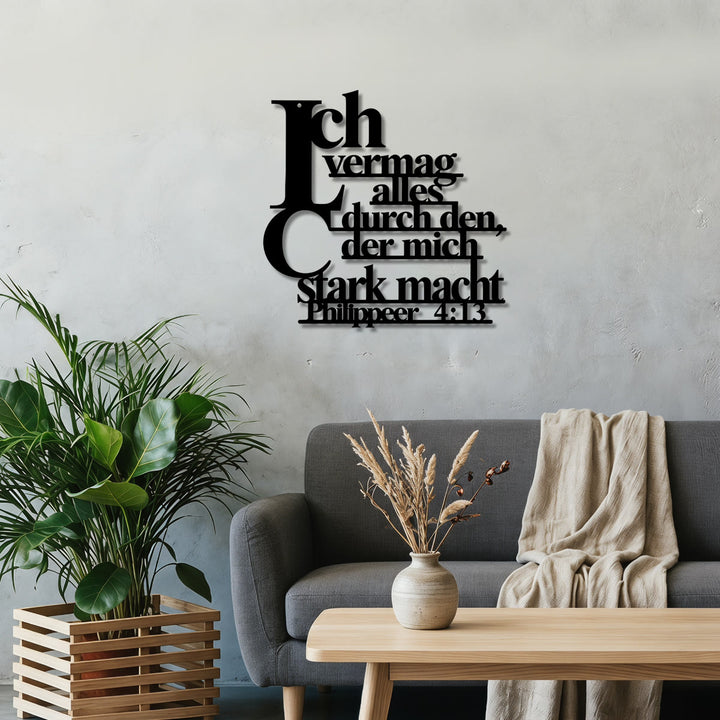 Christianartworkshop Wanddeko aus Metall mit gestapelten Buchstaben des deutschen Bibelverses Philipper 4,13: Zeitloses Symbol der heiligen, erlösenden Gnade - image 2