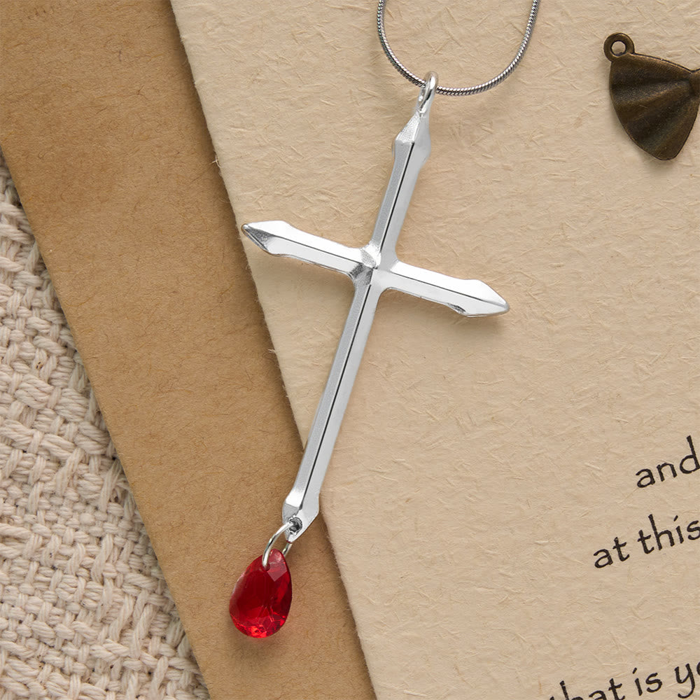 Christianartworkshop Schwertkreuz-Halskette mit rotem Zirkon-Anhänger: Ein heiliges Andenken für Gläubige - Kreuz und roter Tropfen - image 0