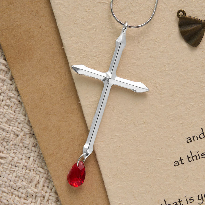 Christianartworkshop Schwertkreuz-Halskette mit rotem Zirkon-Anhänger: Ein heiliges Andenken für Gläubige - Kreuz und roter Tropfen - image 0