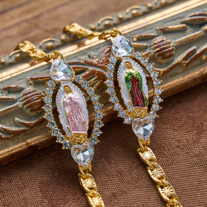 Christianartworkshop Herzförmiges Armband mit Kristallrahmen und ovalem Anhänger „Unsere Liebe Frau von Guadalupe“: Personalisiertes Symbol unerschütterlichen himmlischen Glaubens - image 0