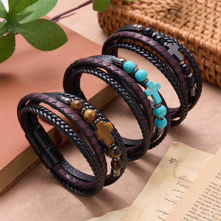 Christianartworkshop Geflochtenes Wickelarmband mit Kreuzmotiv aus Naturstein: Personalisiertes Symbol ewiger göttlicher Zärtlichkeit - image 0