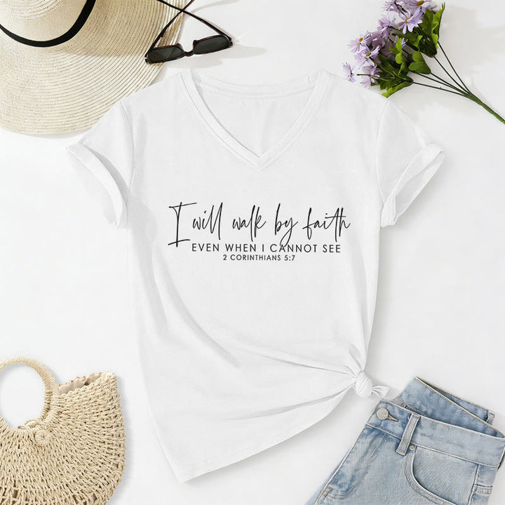 Christianartworkshop Ich werde im Glauben wandeln – Zweifarbiger Bibelvers-Print, lässiges V-Ausschnitt-T-Shirt - Weiß - 2XL - image 20