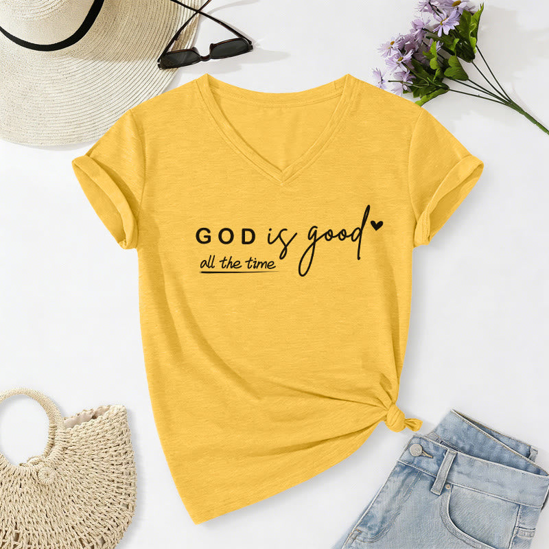 Christianartworkshop Gott ist immer gut – Lässiges V-Ausschnitt-T-Shirt mit doppeltem kleinen Herzmotiv - Gelb - 2XL - image 2