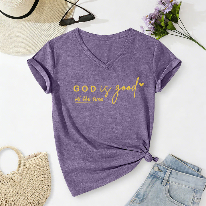 Christianartworkshop Gott ist immer gut – Lässiges V-Ausschnitt-T-Shirt mit doppeltem kleinen Herzmotiv - Lila - 2XL - image 8