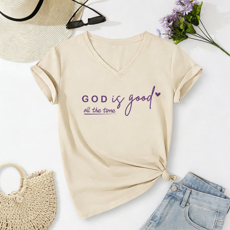 Christianartworkshop Gott ist immer gut – Lässiges V-Ausschnitt-T-Shirt mit doppeltem kleinen Herzmotiv - Beige - 2XL - image 0