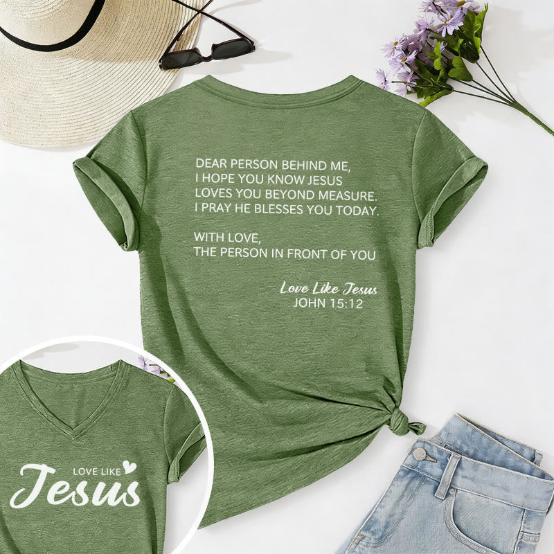 Christianartworkshop Liebe Person hinter mir – Rückseite: Johannes 15,12 – Vorderseite: Liebes-Slogan – Lässiges V-Ausschnitt-T-Shirt - Olivgrün - 2XL - image 54