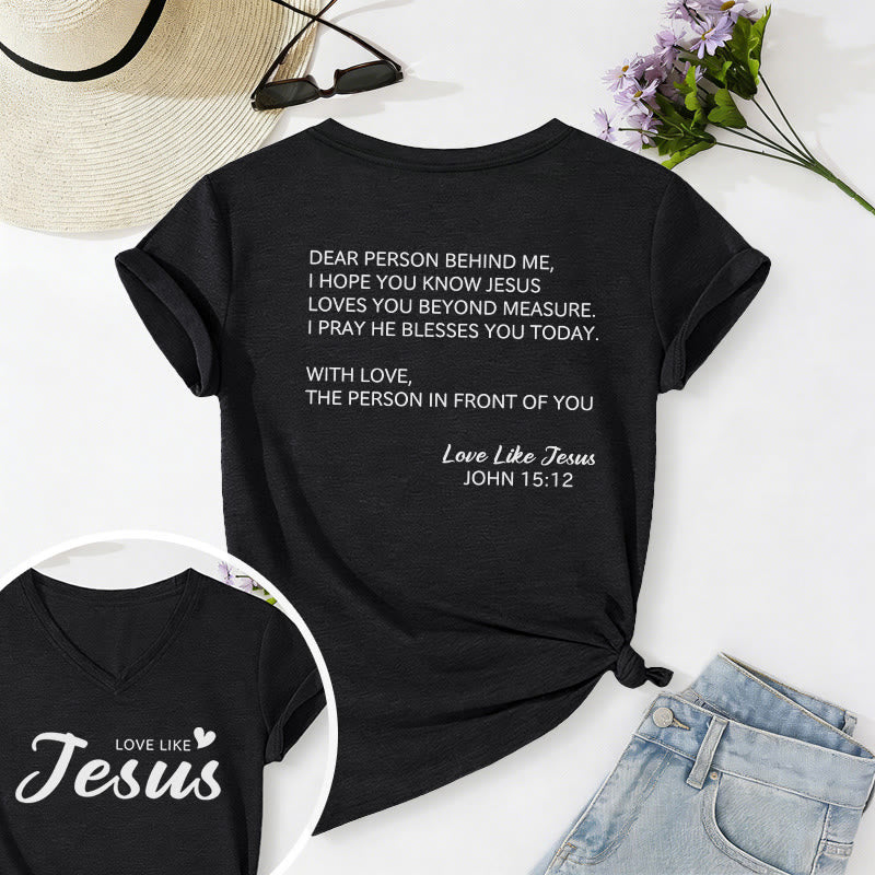 Christianartworkshop Liebe Person hinter mir – Rückseite: Johannes 15,12 – Vorderseite: Liebes-Slogan – Lässiges V-Ausschnitt-T-Shirt - Schwarz - 2XL - image 12