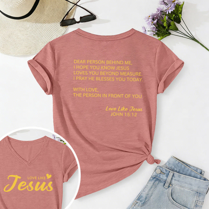 Christianartworkshop Liebe Person hinter mir – Rückseite: Johannes 15,12 – Vorderseite: Liebes-Slogan – Lässiges V-Ausschnitt-T-Shirt - Hellrosa - 2XL - image 6
