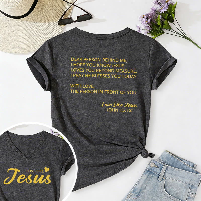 Christianartworkshop Liebe Person hinter mir – Rückseite: Johannes 15,12 – Vorderseite: Liebes-Slogan – Lässiges V-Ausschnitt-T-Shirt - Dunkelgrau - 2XL - image 0