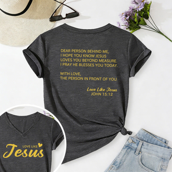 Christianartworkshop Liebe Person hinter mir – Rückseite: Johannes 15,12 – Vorderseite: Liebes-Slogan – Lässiges V-Ausschnitt-T-Shirt - Dunkelgrau - 2XL - image 0