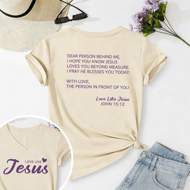 Christianartworkshop Liebe Person hinter mir – Rückseite: Johannes 15,12 – Vorderseite: Liebes-Slogan – Lässiges V-Ausschnitt-T-Shirt - Beige - 2XL - image 18