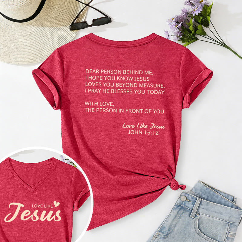 Christianartworkshop Liebe Person hinter mir – Rückseite: Johannes 15,12 – Vorderseite: Liebes-Slogan – Lässiges V-Ausschnitt-T-Shirt - Rot - 2XL - image 30