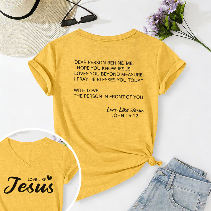 Christianartworkshop Liebe Person hinter mir – Rückseite: Johannes 15,12 – Vorderseite: Liebes-Slogan – Lässiges V-Ausschnitt-T-Shirt - Gelb - 2XL - image 24