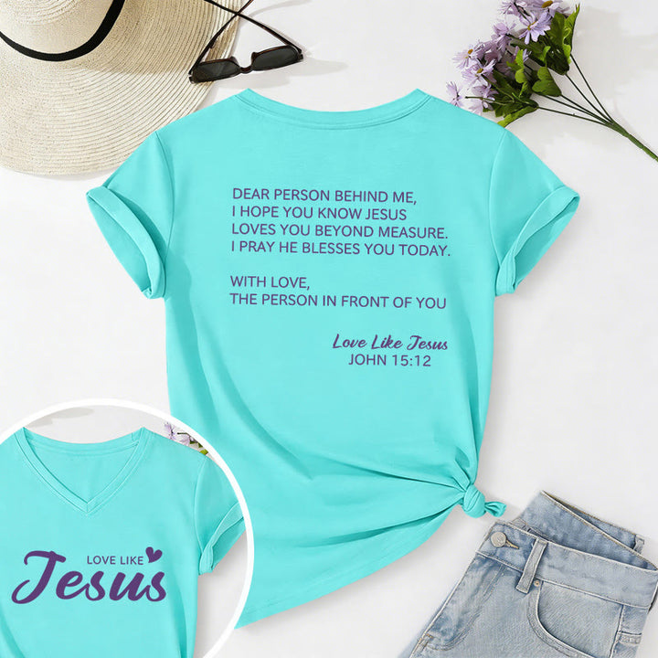 Christianartworkshop Liebe Person hinter mir – Rückseite: Johannes 15,12 – Vorderseite: Liebes-Slogan – Lässiges V-Ausschnitt-T-Shirt - Himmelblau - 2XL - image 66