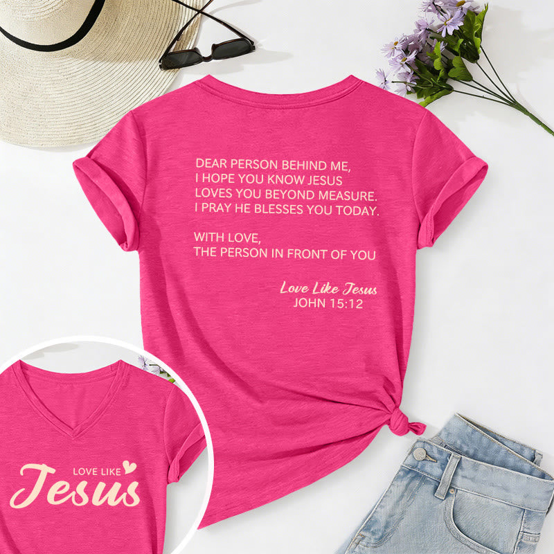 Christianartworkshop Liebe Person hinter mir – Rückseite: Johannes 15,12 – Vorderseite: Liebes-Slogan – Lässiges V-Ausschnitt-T-Shirt - Rose - 2XL - image 48