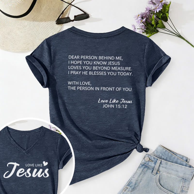 Christianartworkshop Liebe Person hinter mir – Rückseite: Johannes 15,12 – Vorderseite: Liebes-Slogan – Lässiges V-Ausschnitt-T-Shirt - Marineblau - 2XL - image 42