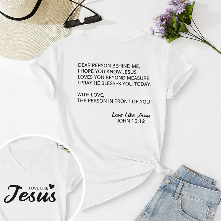 Christianartworkshop Liebe Person hinter mir – Rückseite: Johannes 15,12 – Vorderseite: Liebes-Slogan – Lässiges V-Ausschnitt-T-Shirt - Weiß - 2XL - image 60