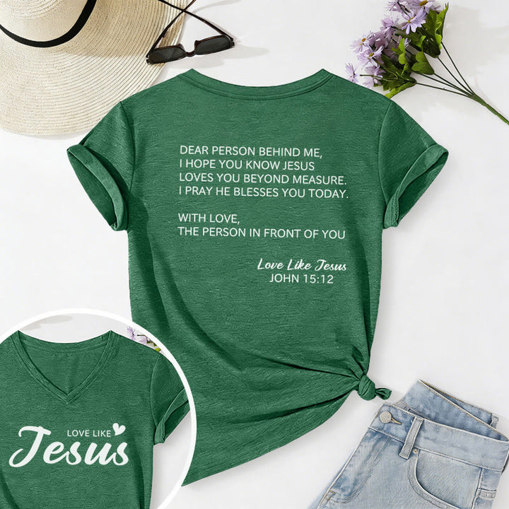 Christianartworkshop Liebe Person hinter mir – Rückseite: Johannes 15,12 – Vorderseite: Liebes-Slogan – Lässiges V-Ausschnitt-T-Shirt - Dunkelgrün - 2XL - image 72