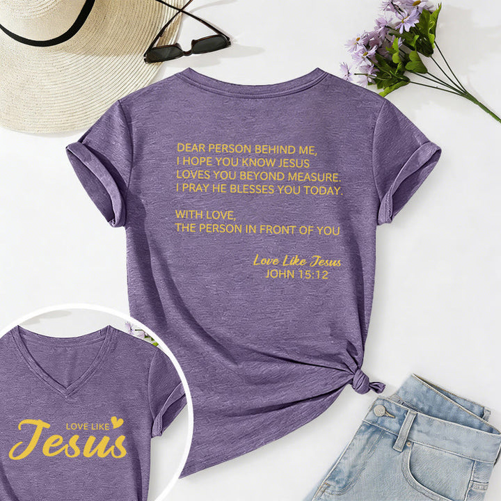 Christianartworkshop Liebe Person hinter mir – Rückseite: Johannes 15,12 – Vorderseite: Liebes-Slogan – Lässiges V-Ausschnitt-T-Shirt - Lila - 2XL - image 36