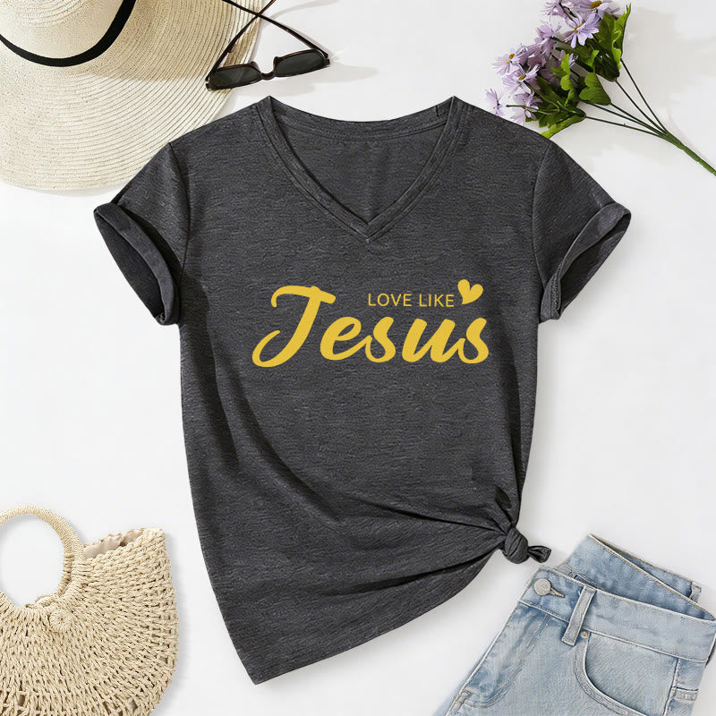 Christianartworkshop Liebe Person hinter mir – Rückseite: Johannes 15,12 – Vorderseite: Liebes-Slogan – Lässiges V-Ausschnitt-T-Shirt - image 2