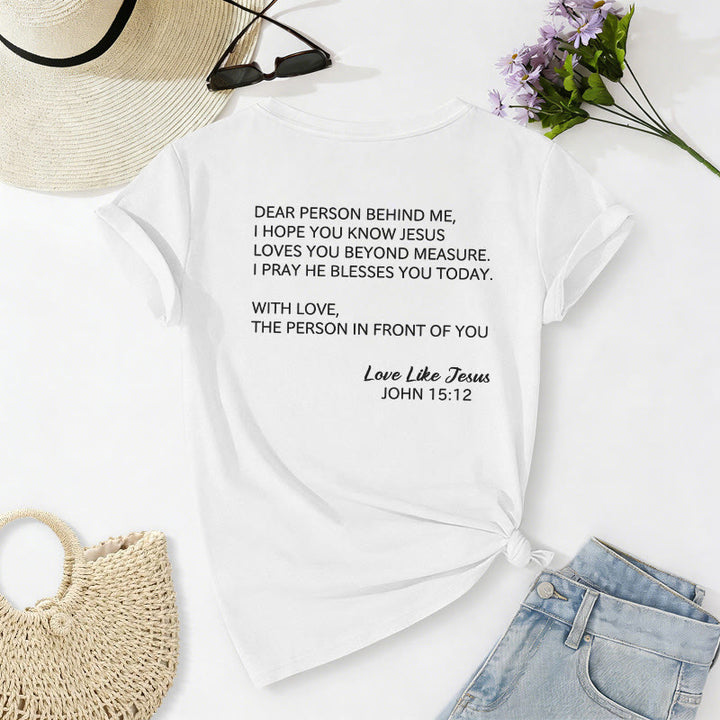 Christianartworkshop Liebe Person hinter mir – Rückseite: Johannes 15,12 – Vorderseite: Liebes-Slogan – Lässiges V-Ausschnitt-T-Shirt - image 64