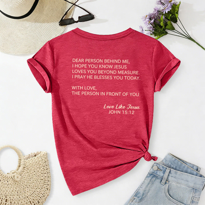 Christianartworkshop Liebe Person hinter mir – Rückseite: Johannes 15,12 – Vorderseite: Liebes-Slogan – Lässiges V-Ausschnitt-T-Shirt - image 34