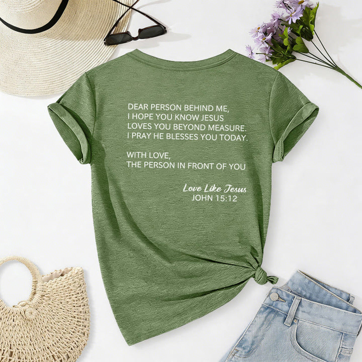 Christianartworkshop Liebe Person hinter mir – Rückseite: Johannes 15,12 – Vorderseite: Liebes-Slogan – Lässiges V-Ausschnitt-T-Shirt - image 58