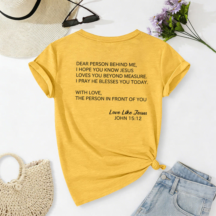 Christianartworkshop Liebe Person hinter mir – Rückseite: Johannes 15,12 – Vorderseite: Liebes-Slogan – Lässiges V-Ausschnitt-T-Shirt - image 28