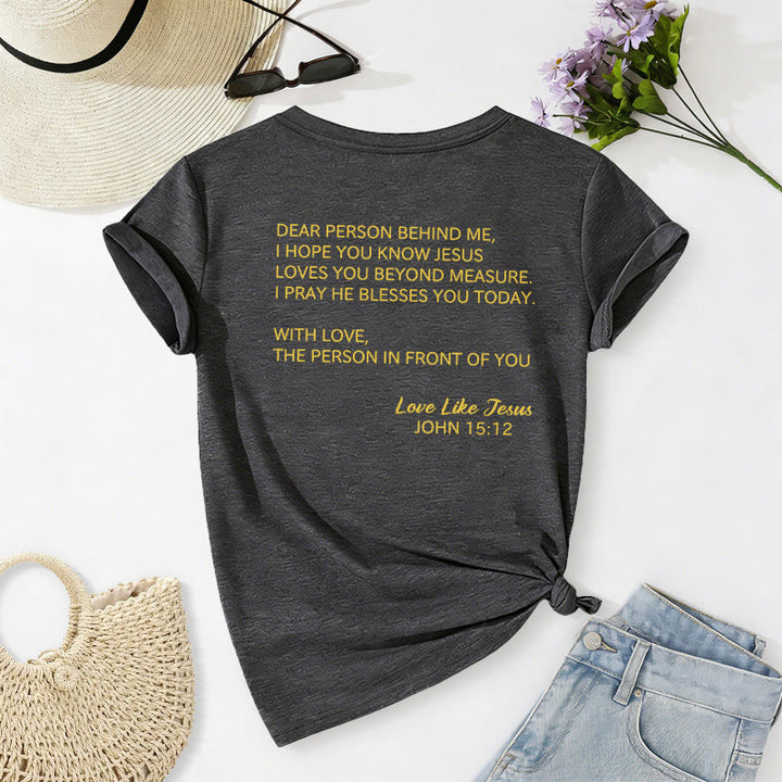 Christianartworkshop Liebe Person hinter mir – Rückseite: Johannes 15,12 – Vorderseite: Liebes-Slogan – Lässiges V-Ausschnitt-T-Shirt - image 4