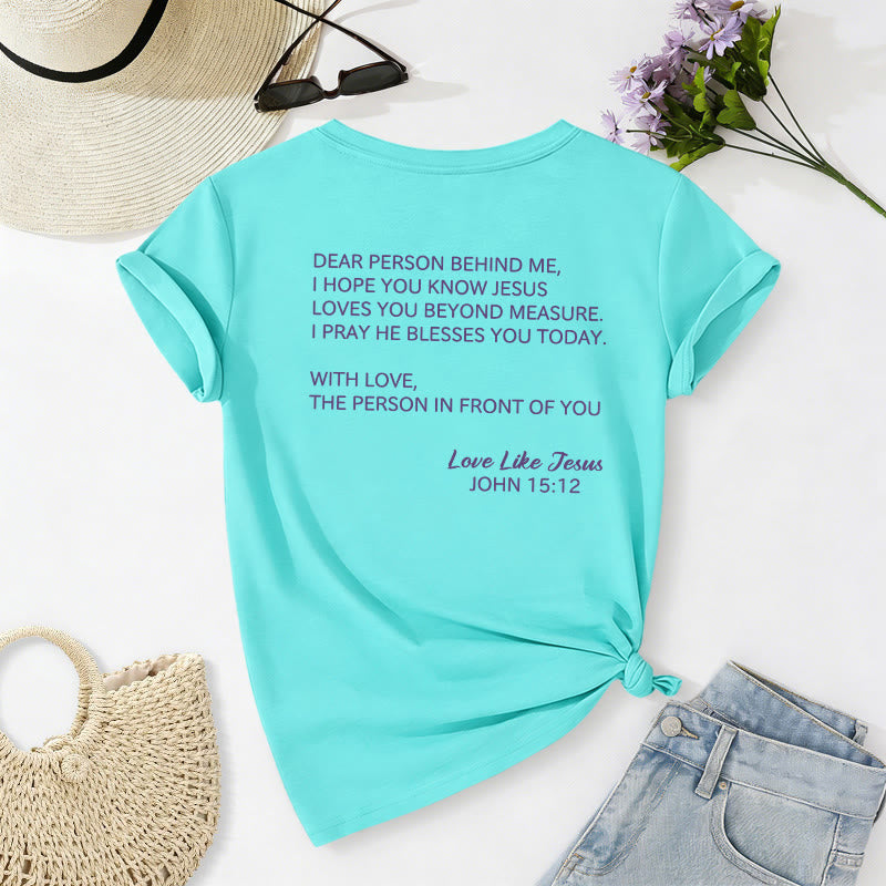 Christianartworkshop Liebe Person hinter mir – Rückseite: Johannes 15,12 – Vorderseite: Liebes-Slogan – Lässiges V-Ausschnitt-T-Shirt - image 70