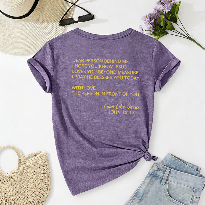 Christianartworkshop Liebe Person hinter mir – Rückseite: Johannes 15,12 – Vorderseite: Liebes-Slogan – Lässiges V-Ausschnitt-T-Shirt - image 40